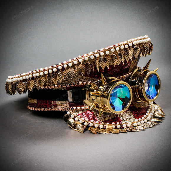 Steampunk Burning Man Party Captain Hat w/ Kaleidoscope 3D Goggles Red Gold - Picture 6 of 11